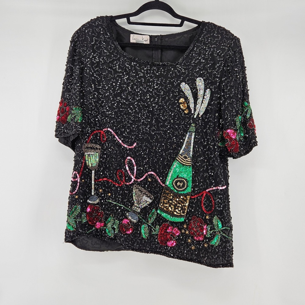 VintageLaurence Kazar Beaded Silk Blouse Sequin Top 1X Statement Maximalist Art